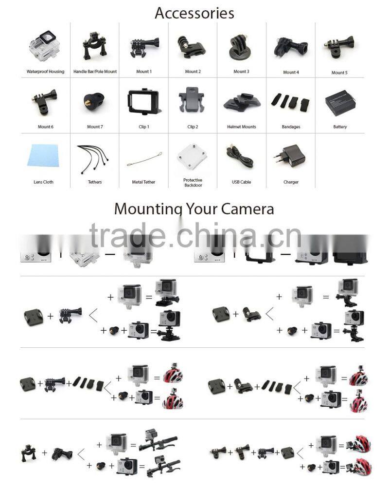 4K 30fps action camera dual screen go pro style original Genuine AT-H3R 4K + Wifi + 2.4G Remote Control