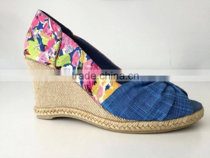 2016 new style fashion shoe denim canvas upper open peep toe style platform high heel lady women sandals espadrilles shoes