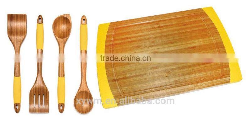 Bamboo Cutting Board and 5 Piece Kitchen Tools with Silicone Handles