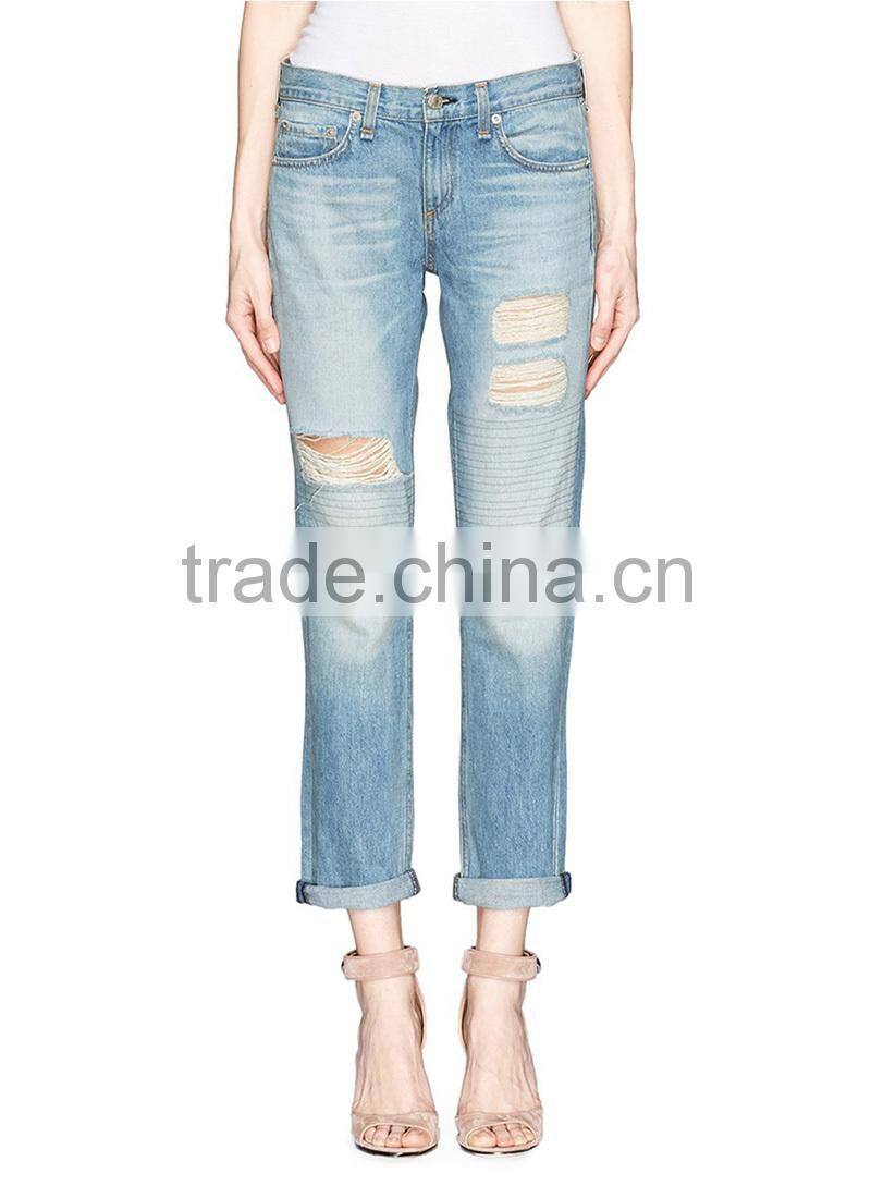 2014 100% Cotton Washed Distressed Hot Boyfriend Denim Pant Light Blue Women Jeans Wholesale Price China