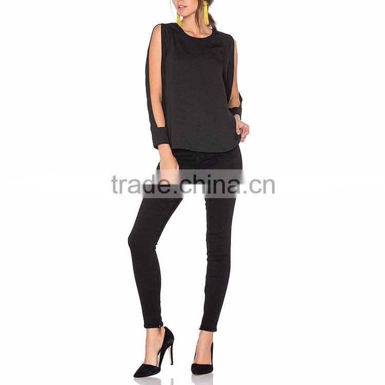 Fashion clothing woman two peices slit sleeve lady black chiffon blouse