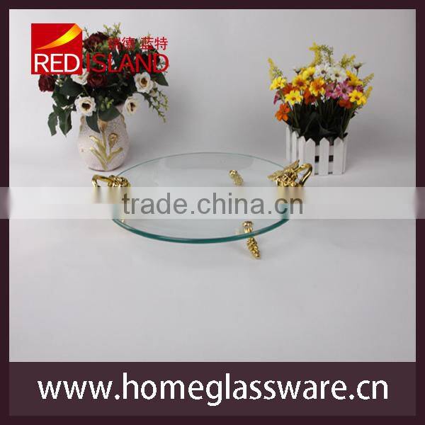 Tempered glass tray with feet and metal handle of rose shape