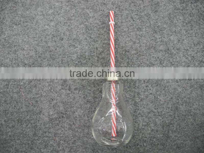 transparent bulb shape glass dringking bottle with straw