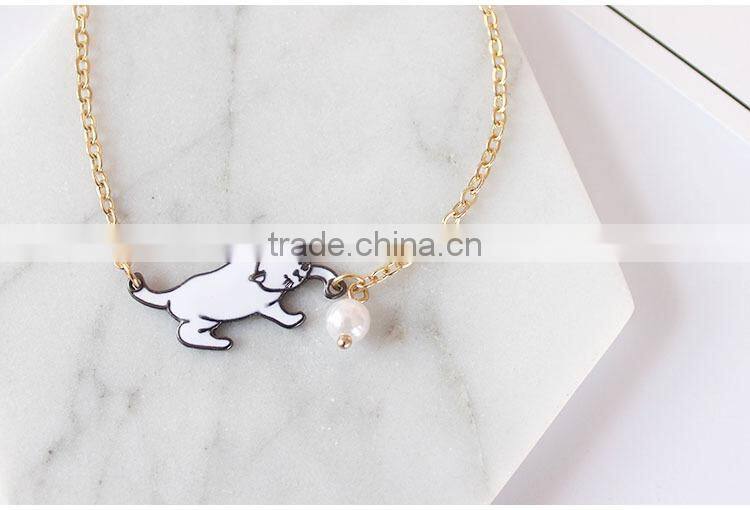 enamel cat catching the ball bracelet metal cat pearl bead charm gold chain bracelet