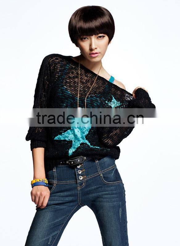 OEM ladies fashion O-neck see-through sexy pullover sweater