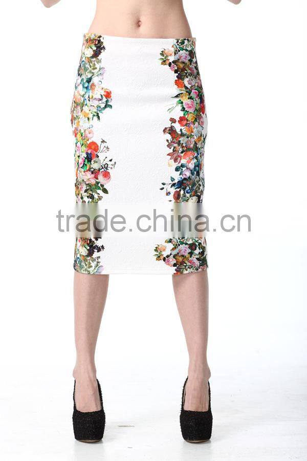 New Arrival Ivory Floarl Print Zip Fastening Back Pencil Skirt Woman Tube Skirt