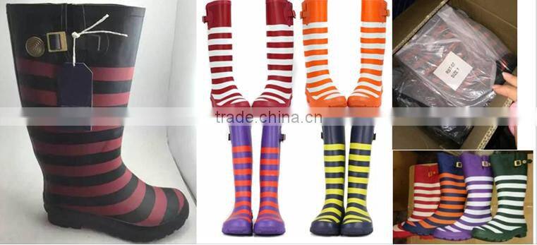 Women stripe rubber rain boot wholesale brand waterproof boots leftover stock