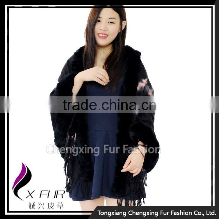 CX-B-P-48D Fashion Indian Cashmere Pashmere With Rex Rabbit Fur Shawls Hand Made