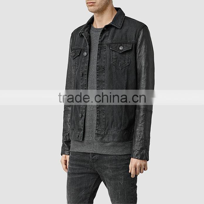 custom jacket leather sleeves mens plain denim jacket for men