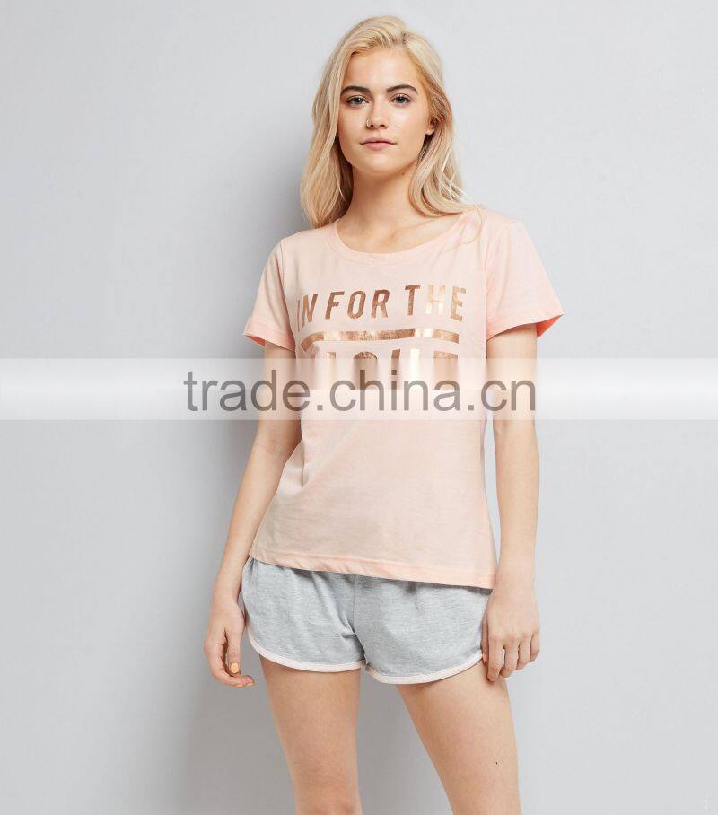 Wholesale Pink Nightwear Pyjamas Set Gold Foil Print 100% Cotton Sleepwear Set Shorts With Piping