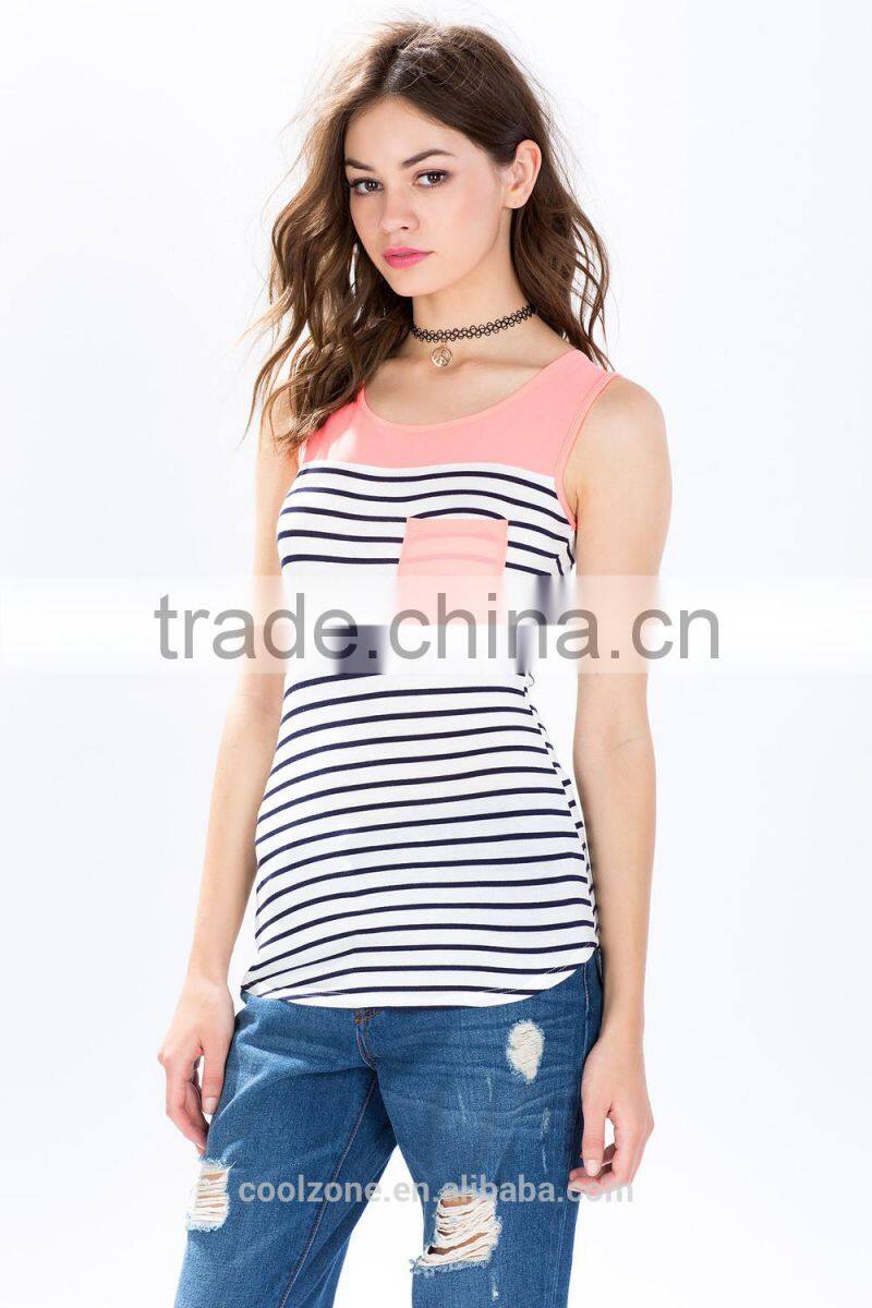 Hot selling sleeveless strips kinited pocket front clip back lady blouse