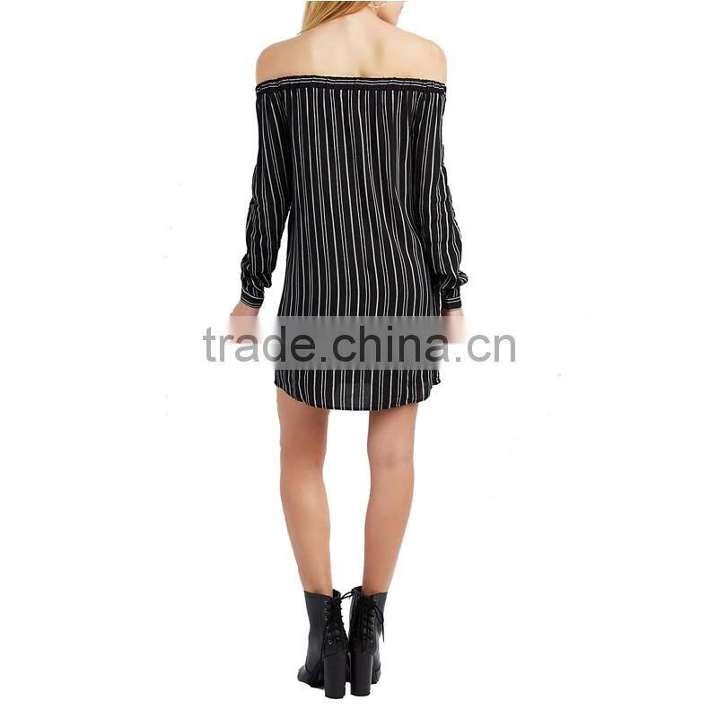 OEM service plus size polyester off shoulder stripe long sleeve elgant casual dresses fashion lady dress