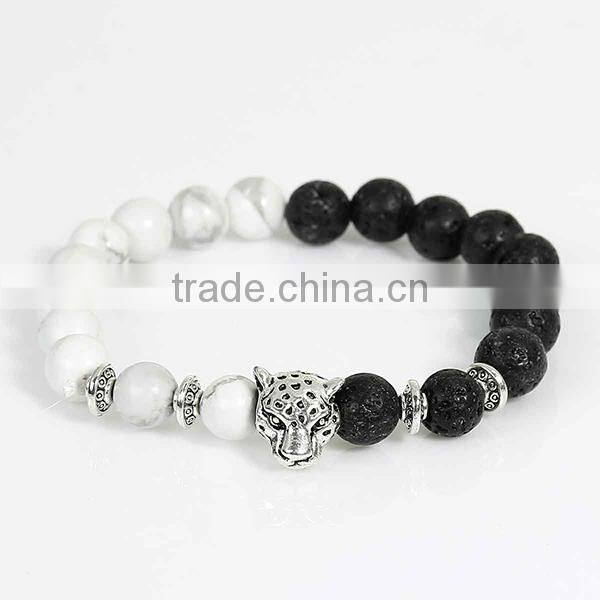 New Fashion Stone Beads Antique Silver Leopard Head Elastic Lava Beaded Healing Bracelet