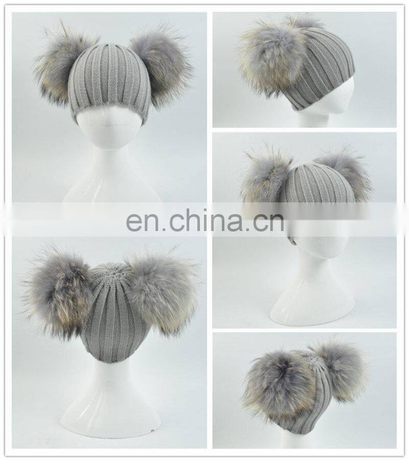 High Quality Kids Knitted Beanies Hat Double Big Raccoon Fur Pom Pom Hat Baby