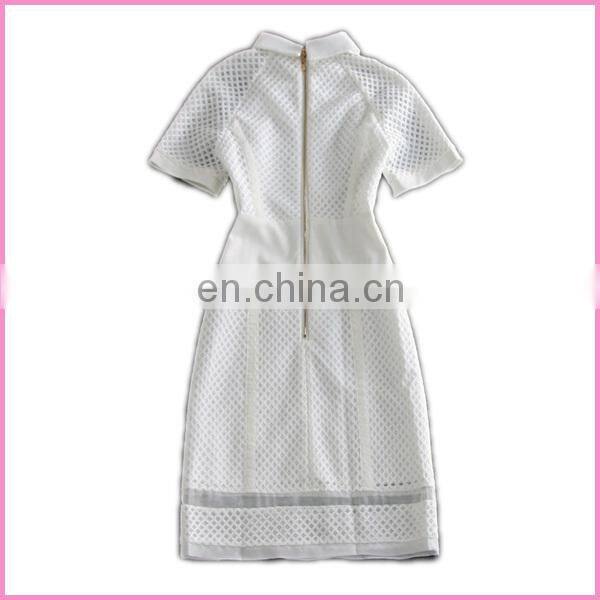 white mesh stitch transparent gauze ascqt collar gold zipper backside dress