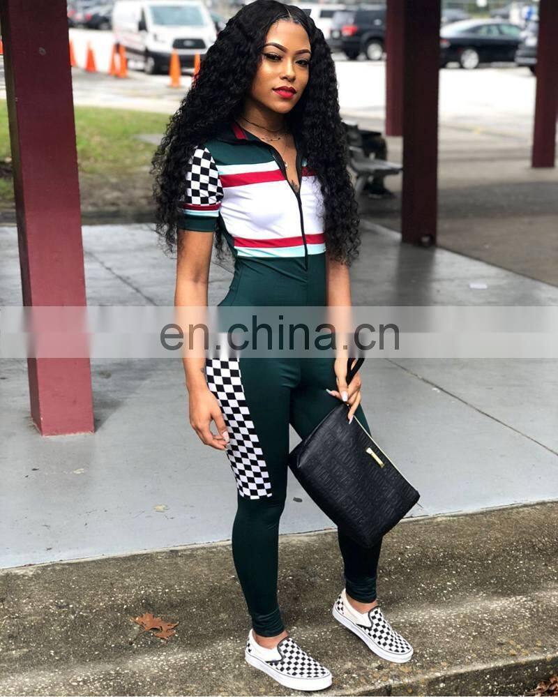 Summer Sexy V Neck Jumpsuits Plaid High Waist Rompers Front Zipper Womens Jumpsuit Bodycon Overalls Short Sleeve Playsuit