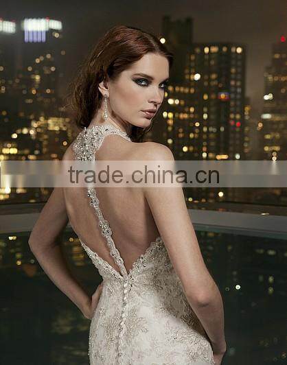 Elegant shealth sweep train slim over lace applique mermaid alibaba wedding dresses with open back