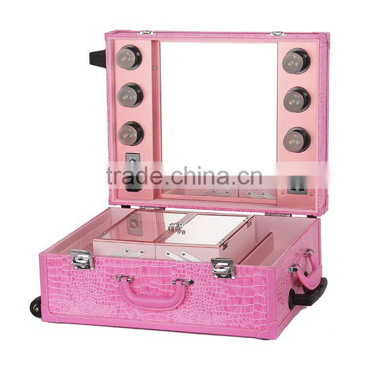 Fashional design pink lighted mirror cosmetic makeup beauty trolley carring case
