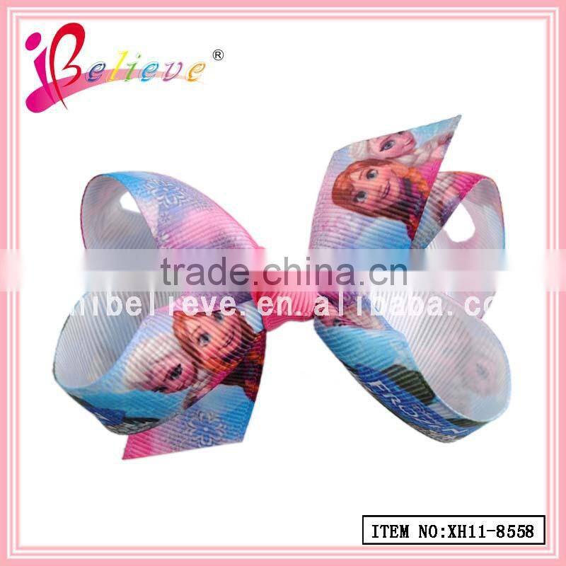 April new arrival frozen hair bow alligator clip,3 inch ribbon bow print frozen ribbon