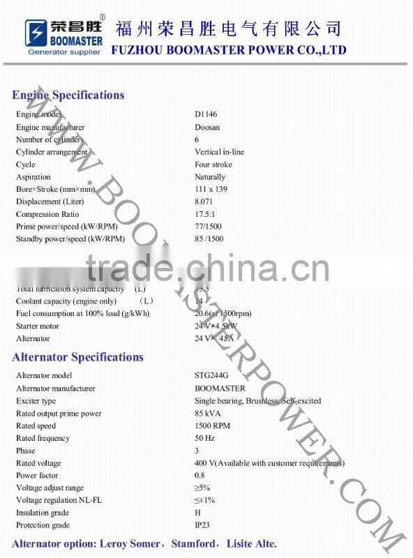 85kva china daewoo diesel generator low speed generator