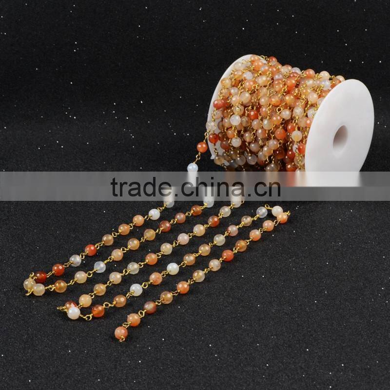 Gemstone Bead Chain Round Red Agate Bead Necklace Chain Wire Bracelet Chain Jewelry Making