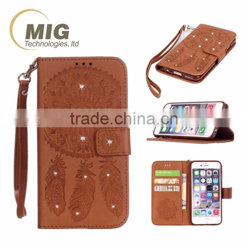 Diamond Flower wallet leather case with strap with inside TPU phone case for iphone 6 6S