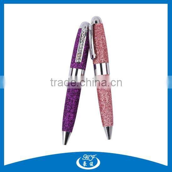 Beautiful PU Glitter Leather Twist Metal Short Pen For Girls
