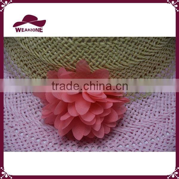 Girl pink straw sun hat paper floppy hat with colorful flower