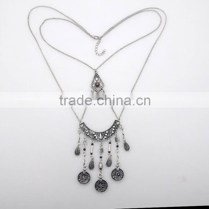 Hot sale classical ethnic style statement long two layers necklace pendant earrings brassiness jewelry set