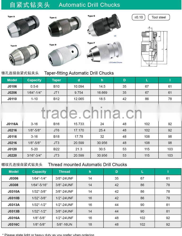 China Supplier Tapper fitting 10mm Keyless Drill Chucks