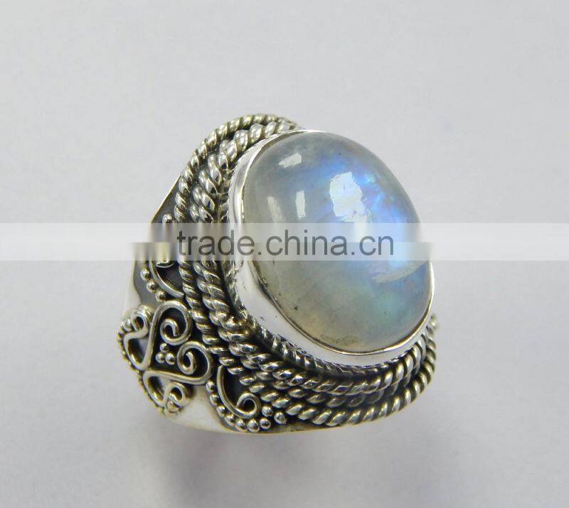 Natural smooth rainbow moonstone ring 92.5 sterling silver jewellery