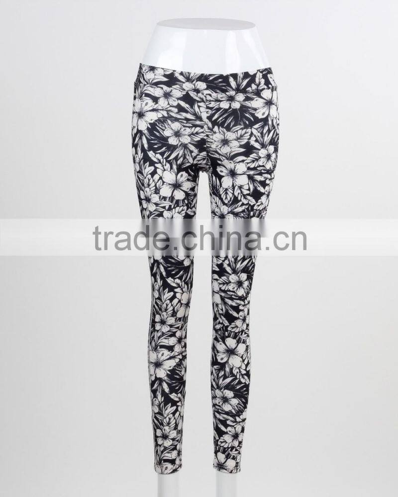 F5W30062 Monochrome Floral Printed Leggings Women Sportwear Pants