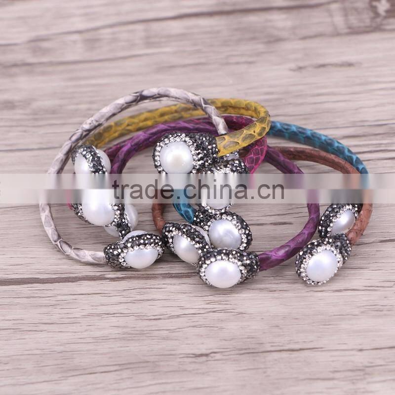 Natural Freshwater Pearl / Tiger Eye / Amethyst / Labradorite Stone Bangle Bracelet, Leather Cord DruzyJewelry Cuff Bangle