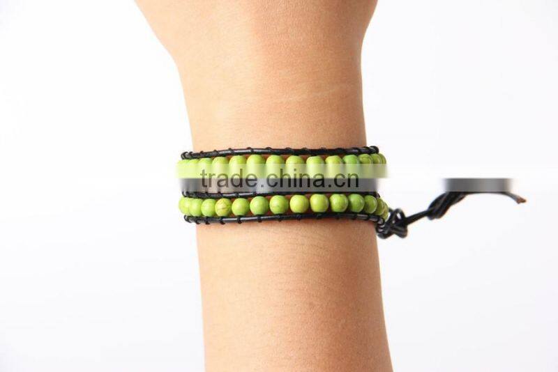 6mm natural green turquoise stone bracelet, genuine stone bracelet, handmade woven leather bracelet
