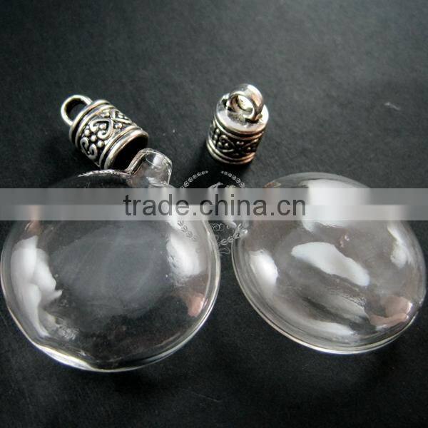 33mm flat round vial glass bottle with 3mm open month in antiqued silver cover DIY pendant charm supplies 1830033