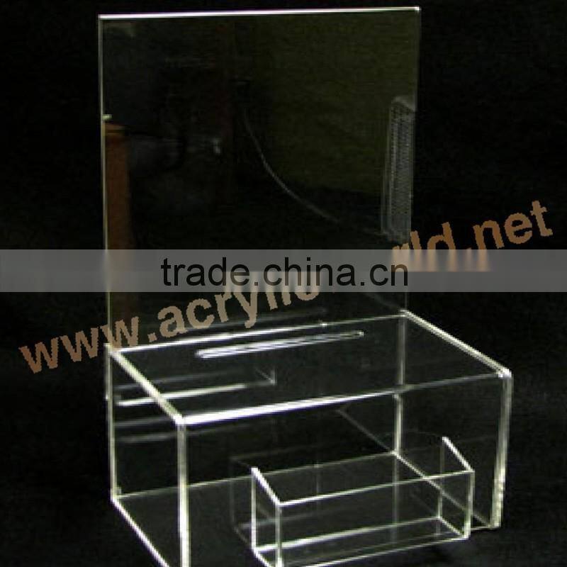 wholesale acrylic donation box with brochure holder/acrylic donation box with sign holder/acrylic donation box with lock