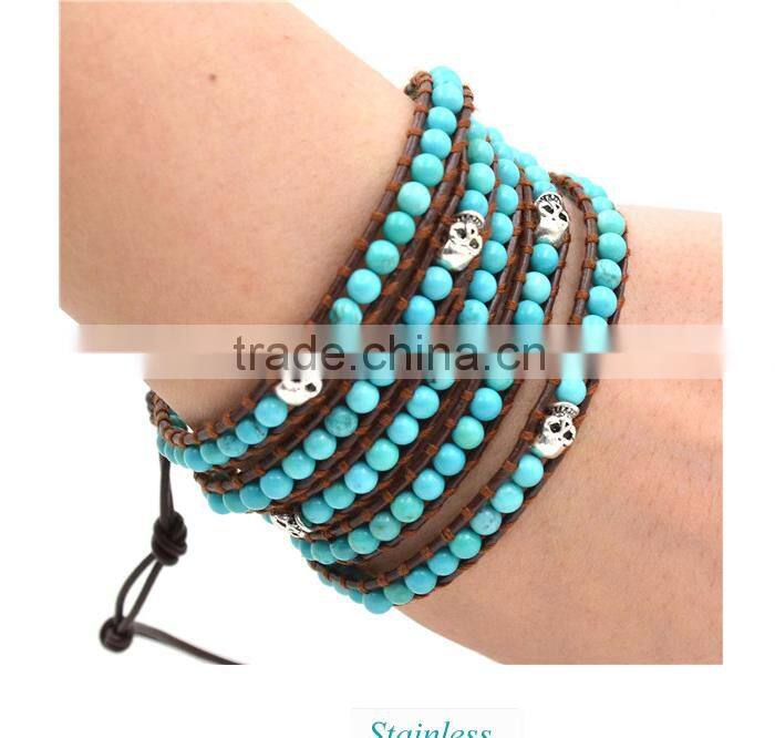 Alibaba Guangzhou Factory Direct Handmade DIY Turquoise Bead Wholesale Leather Wrap Bracelets