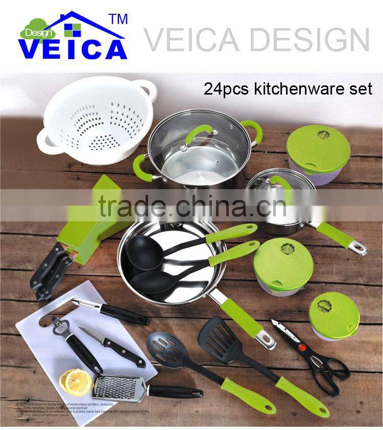 24pcs stainless steel with silicone handle kitchen set/home kitchen pan sets