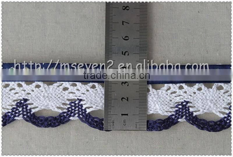 Hot Fashion Black / white colors scalloped shaped cotton trims, jacquard ribbon with cotton lace