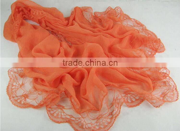 2014 Newest Style Solid Color Silk Chiffon Scarves Lady Girls Lace Edging Scarf Shawl Black Wholesale