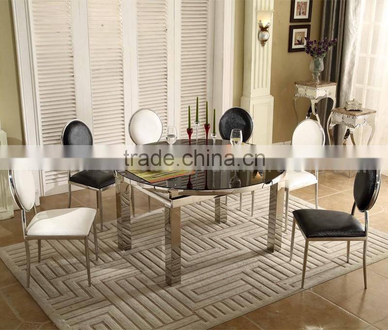 Glass Top Stainless Steel Legs Extendable Dining Table