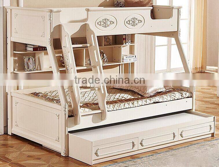 European Classic Rococo Style Pure White Wood Stairway Bunk Bed with Drawers BF11-09183a