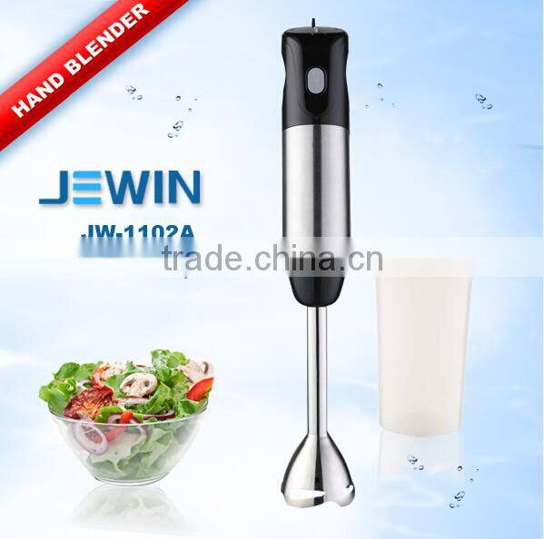 White mini household hand blender with stainless steel blades