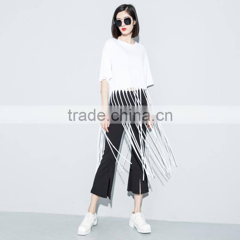 Guangzhou clothing OEM o neck half sleeves black long tassels tshirt