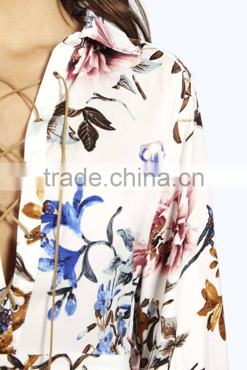 Wholesale latest custom floral printing low cut v neck bandage dress 2016