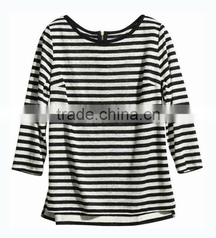 yarn dyed white/black cheap striped t shirts with 3/4 sleeve for girl