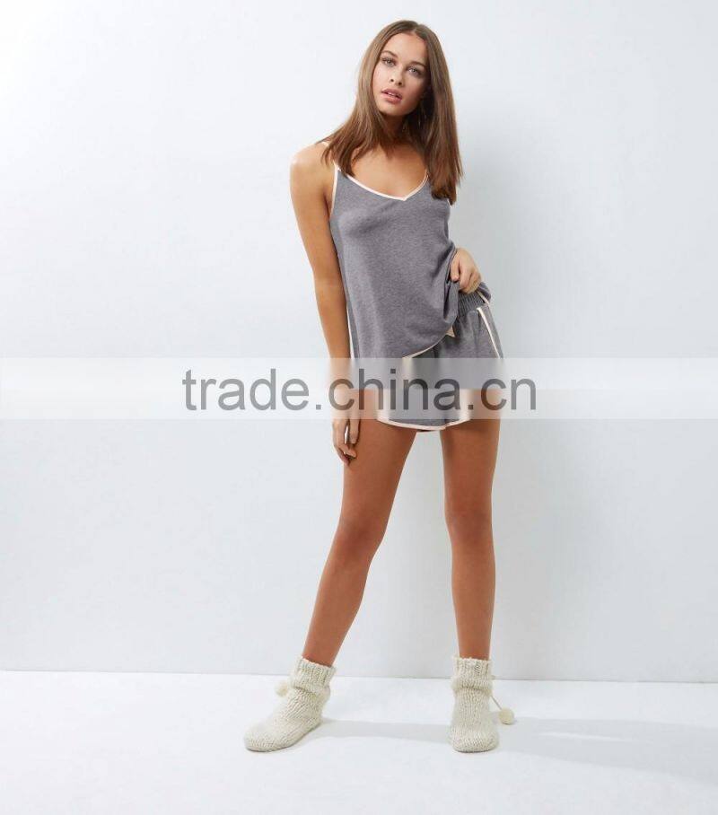 Custom Cotton Sexy Strap Pajamas Grey Brushed Wrap Back Cam And Shorts Contrast Pink Trim Satin Style