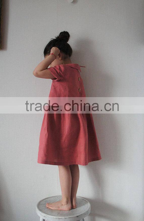 Pink Coral Wholesale Clothing Linen Dress Peter Pan Collar Child Clothes