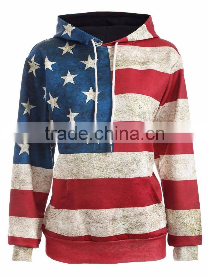 Unisex Fashion USA American Flag Print Hooded Slim Pullover Hoodie Sweatshirt