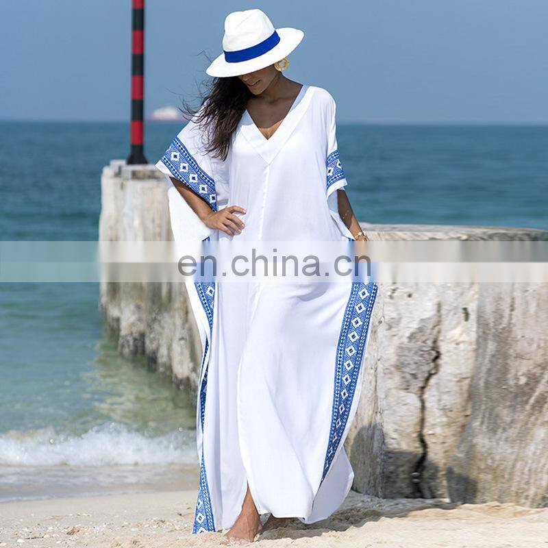 2019 Casual V-Neck Bats Sleeve Side Split Beach Kaftan Loose Summer Dress White Cotton Tunic Women Street Wear Maxi Dress